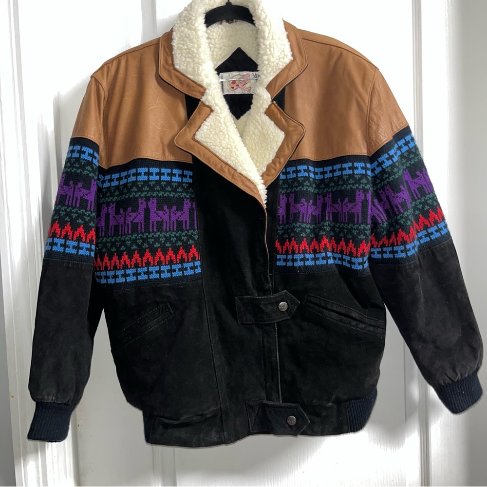 Adler Vintage Suede Leather Sherpa Aztec Southwestern Style Jacket - Picture 2 of 9
